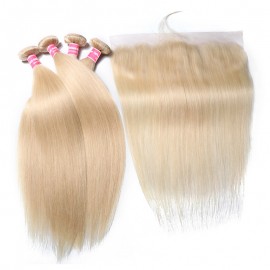 Julia Brazilian Human Hair 613 Straight Bundles With Frontal 14-24 Inch Blonde Frontal With Bundles