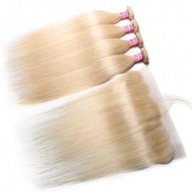 Julia Brazilian Human Hair 613 Straight Bundles With Frontal 14-24 Inch Blonde Frontal With Bundles