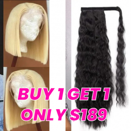 Julia Buy One Get One Free: 613 Blonde Color Short Bob 4x4 Lace Closure Wigs With Curly Weave Ponytail 100% Human Hair