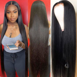Julia 18 To 40 Inch Long 5x5 HD Undetectable Invisible Lace Glueless Wigs 180% Hair Density Pre Plucked Lace Closure Straight Wave Human Hair Wigs