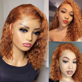 Julia Ginger Water Wave BOB Human Hair Wigs Middle Part Lace Front Colored Short Wigs 150% Density