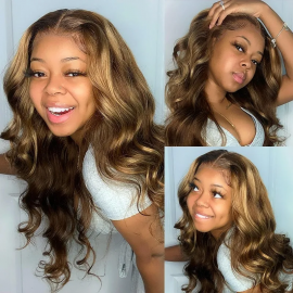 Julia Brown Color With Blonde Highlights 13X5X0.5 T Part Lace 150% Density Body Wave Wig