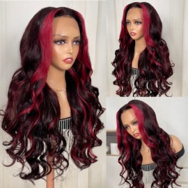 Julia Hair Dark Burgundy Wig With Red Strunk Strip 13x4 Lace Front Loose Wave Wig 150% Density