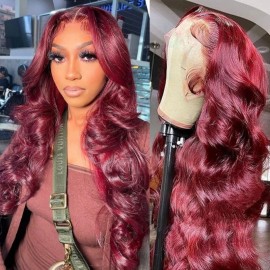 Julia Hair Affordable 99J Burgundy Color Body Wave 13x4 Lace Front Wig 150% Density And 180% Density Pre Plucked Red Human Hair Wigs Flash Sale