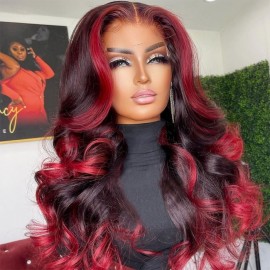 Julia Hair Dark Burgundy Wig With Red Strunk Strip 13x4 Lace Front Loose Wave Human Hair Wigs Flash Sale