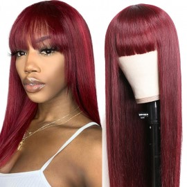 Julia Hair 99J Color Straight Human Hair Wigs With Bangs Breathable Burgundy Colored Human Hair Wigs For Black Women