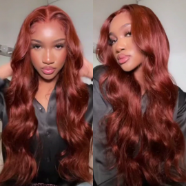 Julia Reddish Brown Human Hair Body Wave Wigs 13X4 Colored Transparent Lace Front Wigs 150% Density