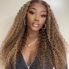 Julia Hair Honey Blonde Lace Front Wigs 150% Density Ombre Color Highlight 13X4 Lace Front 13X5 T-part Curly Wig for Women Invisible Pre Plucked