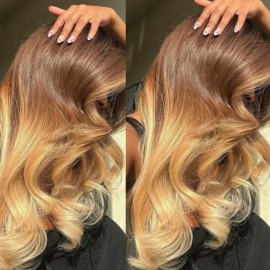 Julia Long Body Wave Wolf Cut Highlights Bangs Lace Front Wave Wigs Dark Brown With Blonde End Ombre Human Hair Wigs