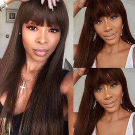 Julia Rich Brown Silk Straight Wigs With Bangs Glueless Machine Made Good Quality Human Hair Wigs Flash Sale