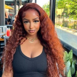 Julia Reddish Brown Human Hair Big Curly Wigs Dark Auburn Colored Water Wave Transparent Lace Front Wigs 150% Density