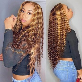 Julia Honey Blonde 13x4 Lace Front Deep Wave Wig Brown Highlights Piano Human Hair Wig