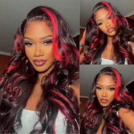 Julia Hair Pre-sale Dark Burgundy Wig With Red Strunk Strip 13x4 Lace Front Loose Wave Human Hair Wigs Flash Sale