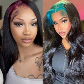 Julia 99J Burgundy Roots Black Human Hair Wigs Straight 13x4 Lace Front Wig With Red Sparkle Hair On Top