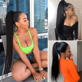 Julia Natural Black Silk Straight Long Weave Ponytail 100% Human Hair Extension Hair Piece