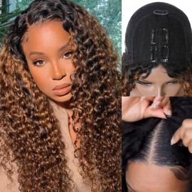 Julia Hot V Part Balayage Curly Wig Upgrade U Part Wig No Leave Out Glueless Ombre Highlight Human Hair Wig Flash Sale