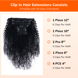 Julia Hair 4C Jerry Curly Clip in Human Hair Extension 9 PCS/Set With Hairpins Only Full Head