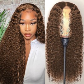 Julia Chocolate Brown Curly Wave Lace Part Wig Wet And Wavy Human Hair Wigs #4 Colored 150% Density