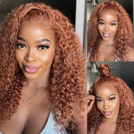 Julia #30 Brown Ginger Color Jerry Curly Wigs with 4*0.75 Middle Lace Part or 13*4 Transparent Lace Frontal Wig Mary Same Hair