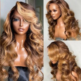 Julia Ombre Highlight Loose Wave Wig Brown Piano Color Lace Front Wig Human Hair Wigs 150% Density