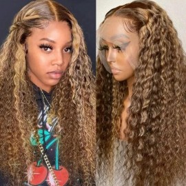 Julia Honey Blonde Ombre Color Highlight 13*5 T-part Pre Plucked Curly Wig 150% Density Big Flash Sale