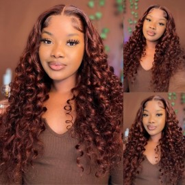 Julia Hair Reddish Brown Deep Wave 13x4 Lace Front Wig 100% Remy Human Hair Wigs #33B Auburn Copper Color