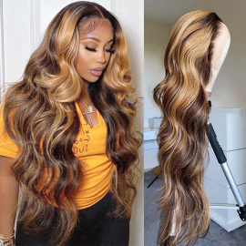 Julia Hair Affordable Honey Blonde Highlights 13X4 Lace Front Wig 150% Density Body Wave Transparent Lace Human Hair Wigs