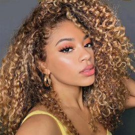 Julia 13x4 Lace Front Honey Blonde Layered Lob Water Wave Wig Dark Brown Color 150% Density