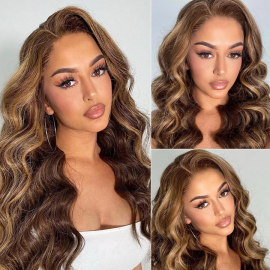 Julia 16 inch 13x4 Honey Blonde Ombre Color Highlight Affordable Body Weave Wig 150% Density Lace Front Wig For Flash Sale No Code Needed