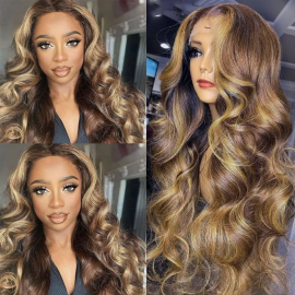 Julia Brown Color With Blonde Highlights 13X5X0.5 T Part Lace 150% Density Body Wave Wig