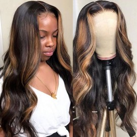 Julia Affordable Balayage Highlights 13X4 Lace Front Wig 150% Density Body Wave Transparent Lace Human Hair Wigs