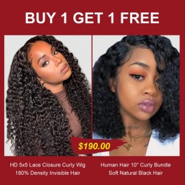 BULK SALE: Buy One Get One Free HD Lace Closure 180% Density Invisible Lace Curly Wig & 10'' Curly Hair Bundle