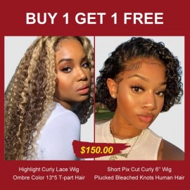 BULK SALE: Buy One Get One Free Highlight 13*5 T-part Pre Plucked Curly Wig 150% Density & 6'' Short Pix Cut Wig