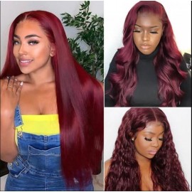 BULK SALE: Buy One Get One Free 99J Color Transparent Middle Lace Part Straight & 12'' Kinky Curly Bob Human Hair Wigs