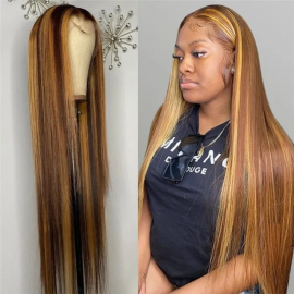 Julia Honey Blonde Highlights 13X5X0.5 Middle Part Lace Front 150% Density Straight Wave Wig