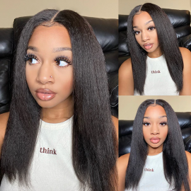 Julia Affordable Middle Lace Part Silk Press Kinky Straight Wig 100% Human Hair Wigs For Sale