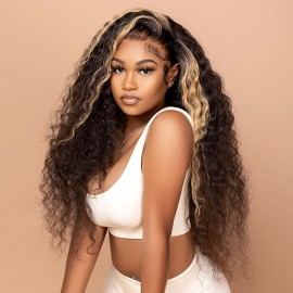 Julia Hair Affordable Balayage Blonde Highlights Jerry Curly 13x4 Lace Front Wig Blonde Piano Colored Human Hair Flash Sale