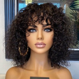 Julia Short Fluffy Curly Human Hair Wig With Bangs Bouncy Curly Human Hair BOB Wig Machine Made