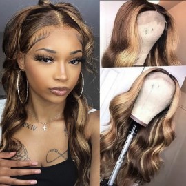 Julia 16 inch 13x4 Honey Blonde Ombre Color Highlight Affordable Body Weave Wig 150% Density Lace Front Wig For Flash Sale No Code Needed