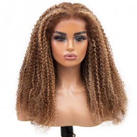 Julia Hair 13x4 Pre Cut Lace Front Wig 4C Kinky Edges Honey Blonde Highlights Kinky Curly Wig With Baby Hair