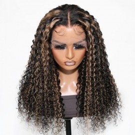 Julia Hair Affordable Balayage Blonde Highlights Jerry Curly 13x4 Lace Front Wig Blonde Piano Colored Human Hair Flash Sale
