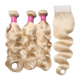 Julia 613 Color Real Human Hair 3 Bundles With 4x4 Lace Closure Quality Blonde Body Wave Weaves With Closure