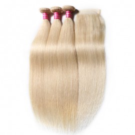 Julia 613 Brazilian Straight Real Human Hair 3 Bundles With 1B/613 Closure Best Blonde Bundles Hair For Sale