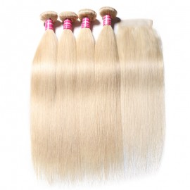 Julia 4 PCS 613 Brazilian Virgin Human Hair Bundles With T1b/613 Closure Straight Hair Weaves With Closure