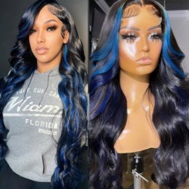 Julia Hair 13x4 Lace Front Black With Blue Highlights Skunk Stripe Wig Body Wave Colored Human Hair Wigs For Women