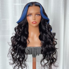 Julia Hair 13x4 Lace Front Black With Blue Highlights Skunk Stripe Wig Body Wave Colored Human Hair Wigs For Women