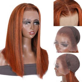 Julia Colored Blunt Cut Bob Human Hair Wigs Auburn Brown With Copper Highlights 13X4 Lace Front Wigs
