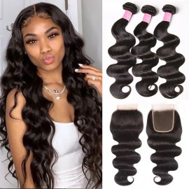 Julia Hair Peruvian Virgin Hair Body Wave 4x4 Lace Closure With 3 Bundles Human Hair Weave