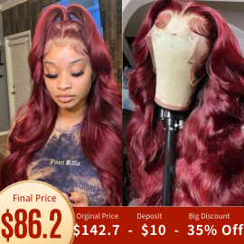 Julia Hair Pre-sale Affordable 99J Burgundy Color Body Wave 13x4 Lace Front Wig 150% Density And 180% Density Pre Plucked Red Human Hair Wigs Flash Sale Get 35% Off With Code:BLACK35