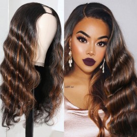 Julia U Part Body Wave Wigs Middle Part Highlight Brown Color Brazilian Human Hair Wigs For Women